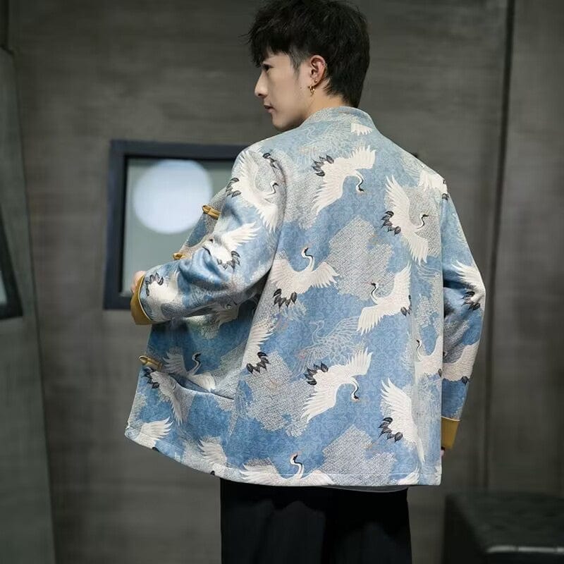 Beth and Brian Qipao-DC Crane print, blue Chinese Tang Suit Jacket
