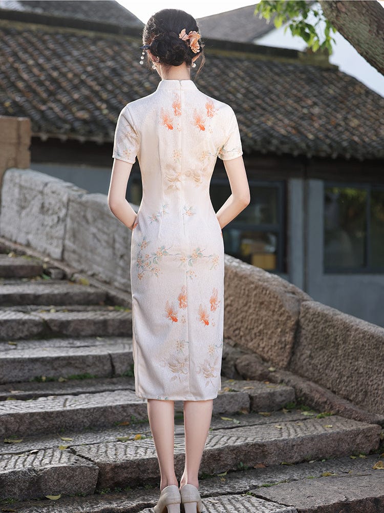 Beth and Brian Qipao-HY Koi fish pattern, beige midi Cheongsam