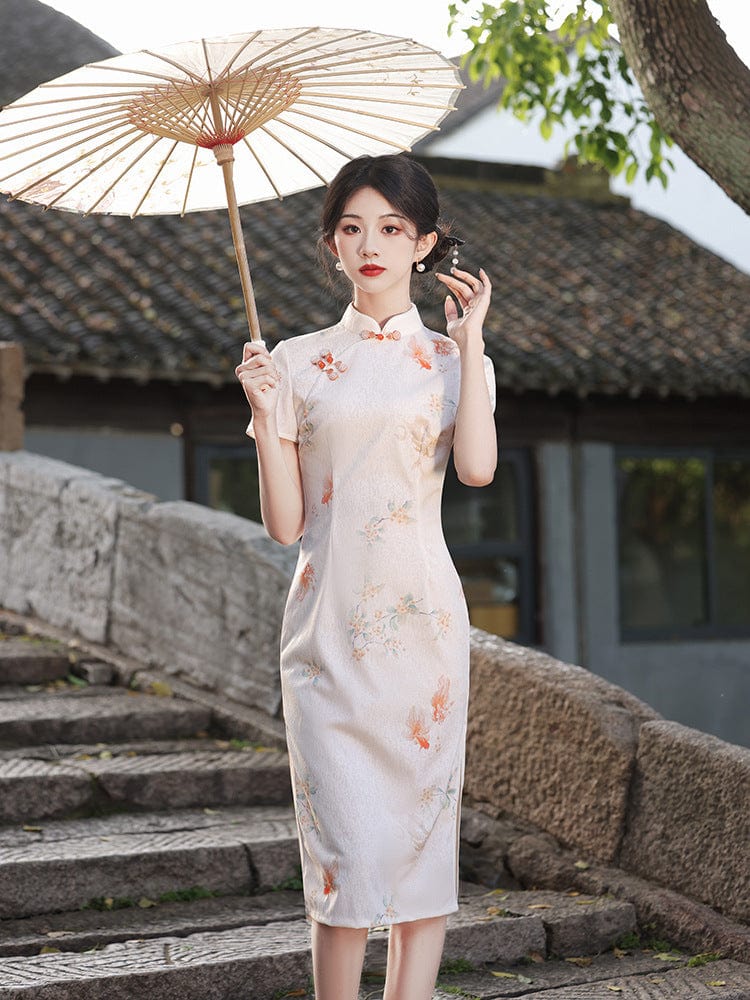 Beth and Brian Qipao-HY Koi fish pattern, beige midi Cheongsam