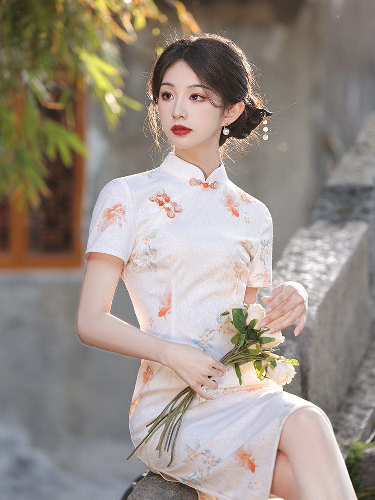 Beth and Brian Qipao-HY Koi fish pattern, beige midi Cheongsam