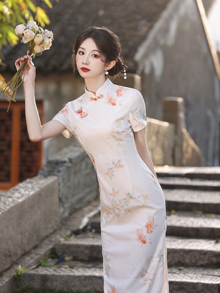 Beth and Brian Qipao-HY Koi fish pattern, beige midi Cheongsam
