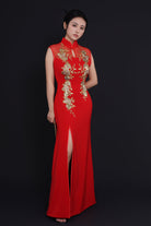 Beth and Brian Qipao - YB Exclusive designer collection, floral red long Qipao