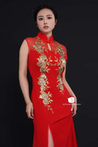 Beth and Brian Qipao - YB Exclusive designer collection, floral red long Qipao