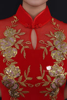 Beth and Brian Qipao - YB Exclusive designer collection, floral red long Qipao