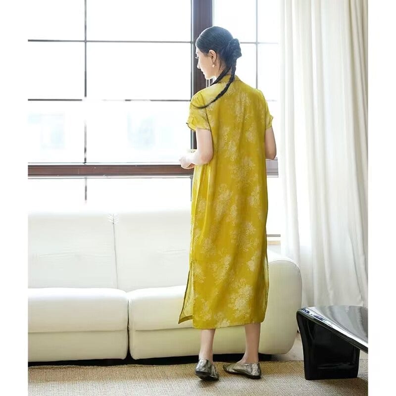 Beth and Brian Qipao-TZ Loose Fitting, silk yellow midi Cheongsam