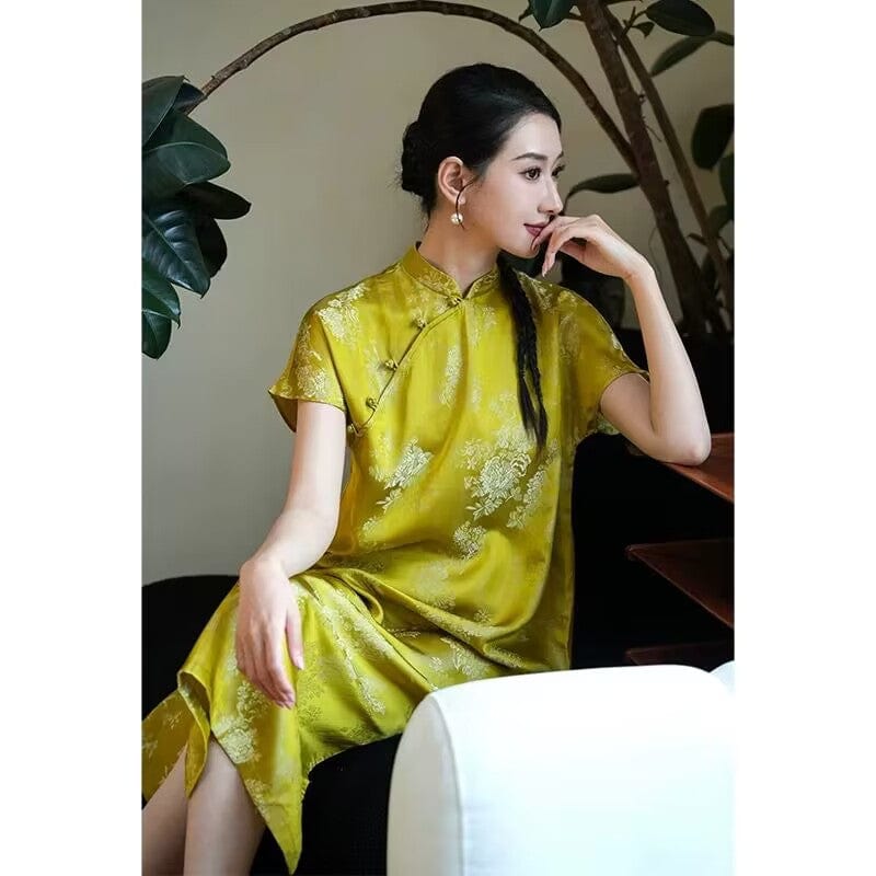 Beth and Brian Qipao-TZ Loose Fitting, silk yellow midi Cheongsam