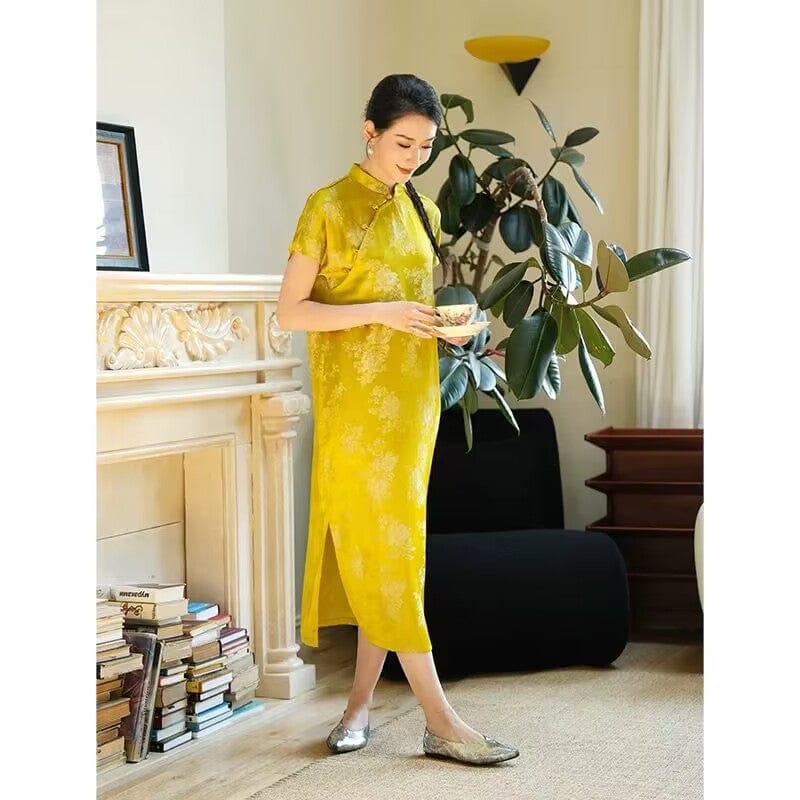 Beth and Brian Qipao-TZ Loose Fitting, silk yellow midi Cheongsam