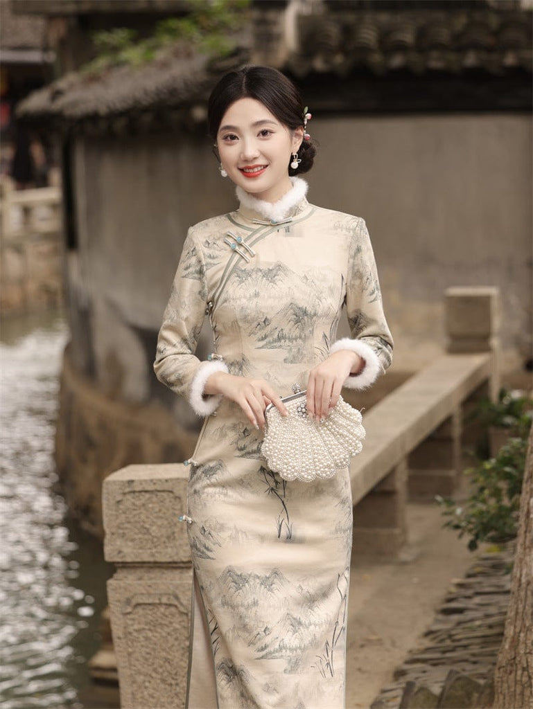 Beth and Brian Qipao - JN Winter collection, landscape pattern, thick midi Cheongsam