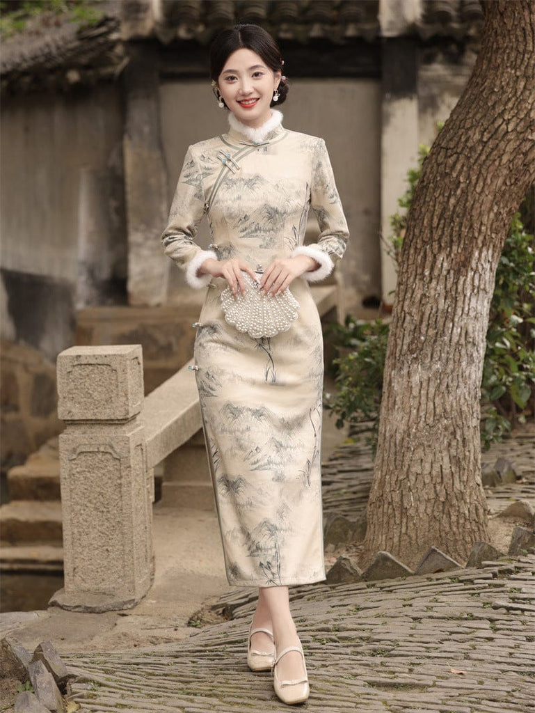 Beth and Brian Qipao - JN Winter collection, landscape pattern, thick midi Cheongsam