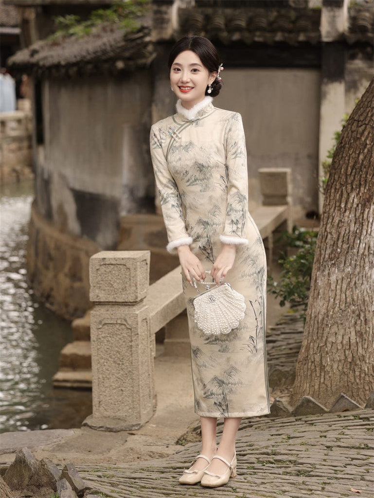Beth and Brian Qipao - JN Winter collection, landscape pattern, thick midi Cheongsam