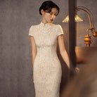 Beth and Brian Qipao - YB Lace fabric, floral pattern, wedding long Cheongsam