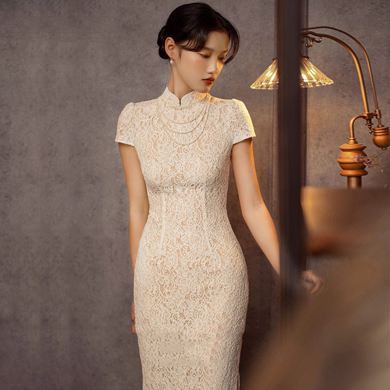 Beth and Brian Qipao - YB Lace fabric, floral pattern, wedding long Cheongsam