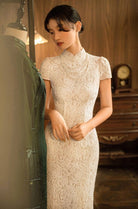 Beth and Brian Qipao - YB Lace fabric, floral pattern, wedding long Cheongsam