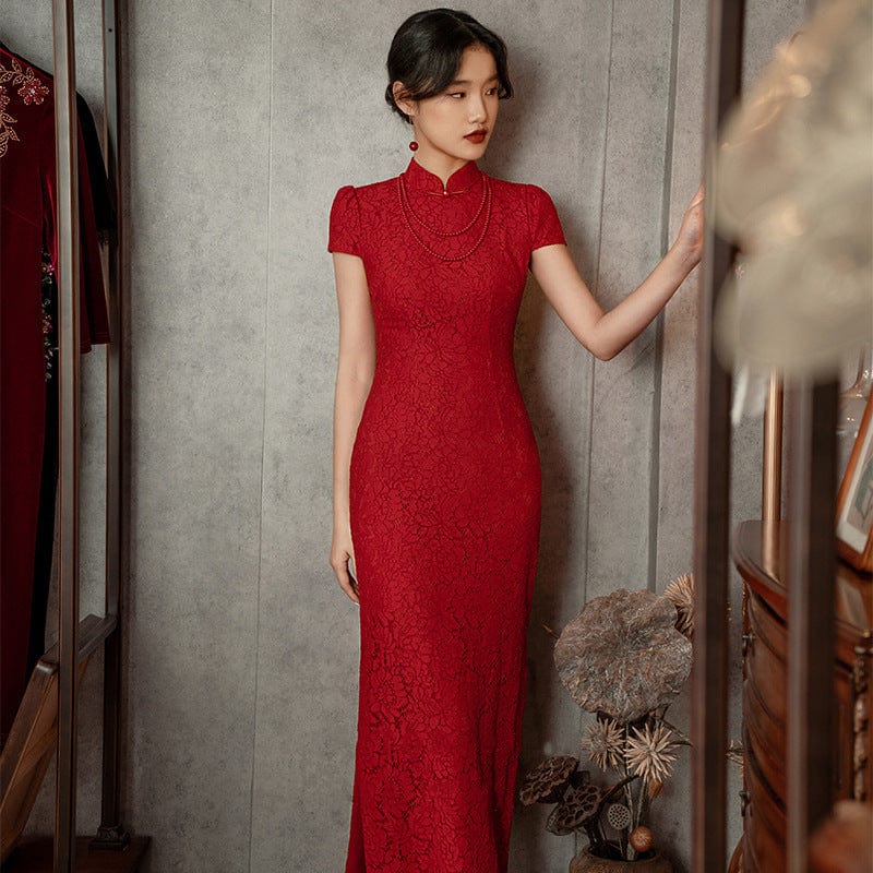 Beth and Brian Qipao - YB Lace fabric, floral pattern, wedding long Cheongsam