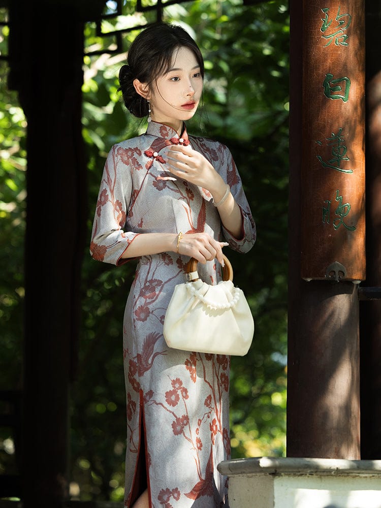 Beth and Brian Qipao-WQ Fall and winter colleciton, crane pattern midi Cheongsam
