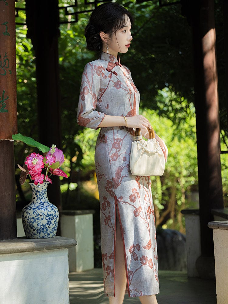 Beth and Brian Qipao-WQ Fall and winter colleciton, crane pattern midi Cheongsam
