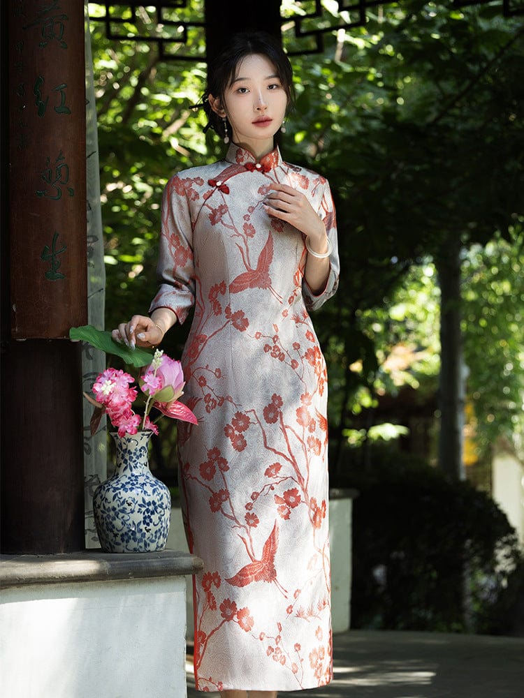 Beth and Brian Qipao-WQ Fall and winter colleciton, crane pattern midi Cheongsam