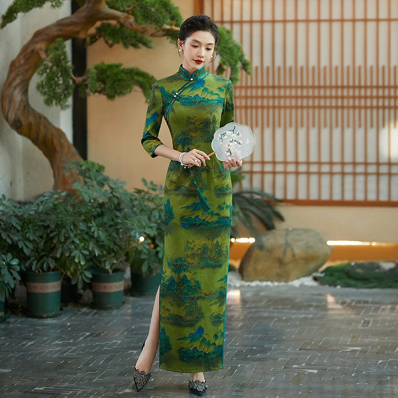 Beth and Brian Qipao-QCYJ Landscape pattern, green plus size long Qipao
