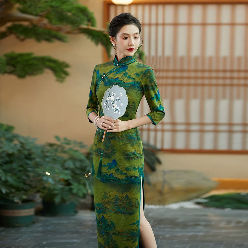 Beth and Brian Qipao-QCYJ Landscape pattern, green plus size long Qipao