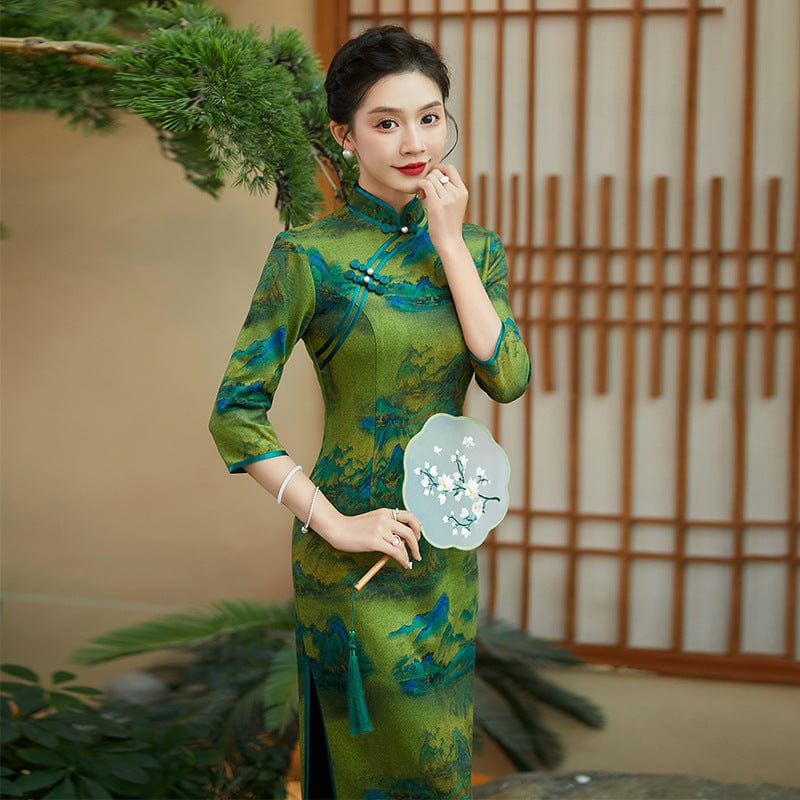 Beth and Brian Qipao-QCYJ Landscape pattern, green plus size long Qipao