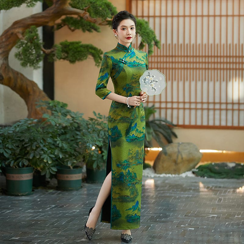 Beth and Brian Qipao-QCYJ Landscape pattern, green plus size long Qipao