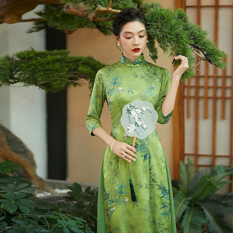 Beth and Brian Qipao-QCYJ Bamboo leaf pattern, silk satin long Ao dai