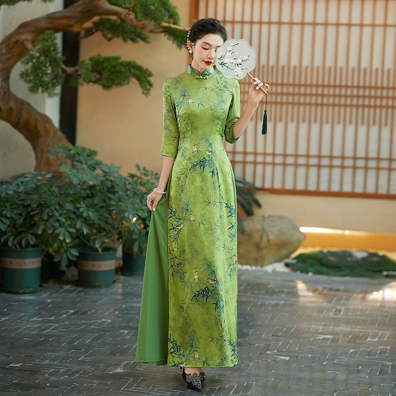 Beth and Brian Qipao-QCYJ Bamboo leaf pattern, silk satin long Ao dai