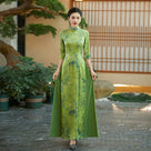 Beth and Brian Qipao-QCYJ Bamboo leaf pattern, silk satin long Ao dai