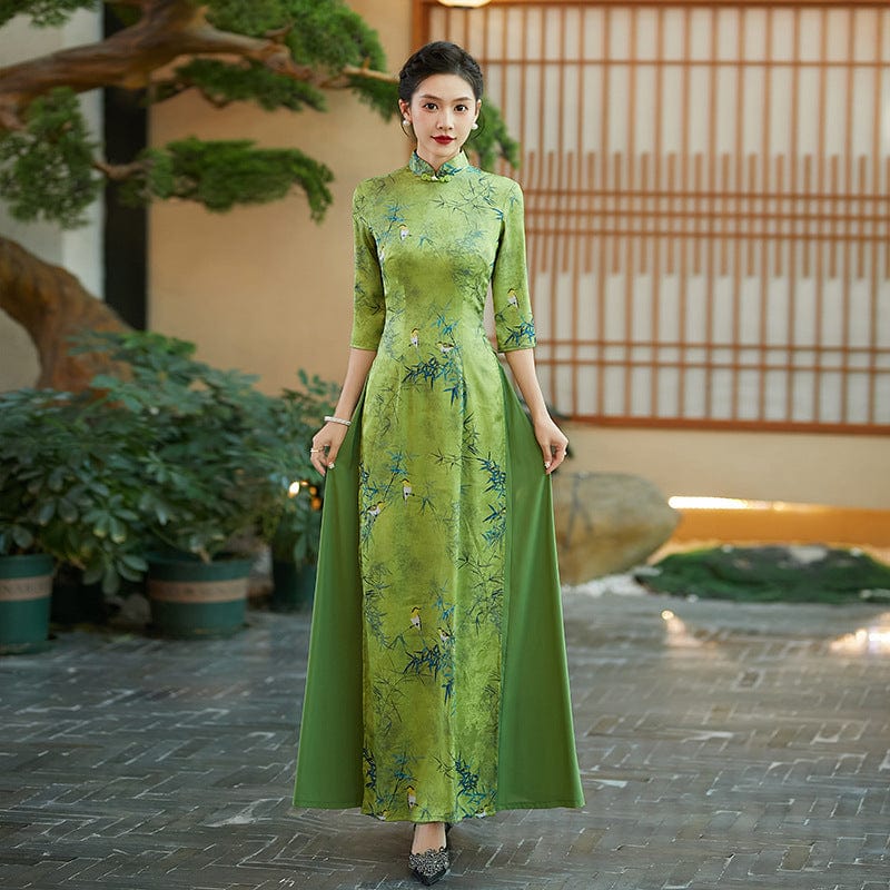 Beth and Brian Qipao-QCYJ Bamboo leaf pattern, silk satin long Ao dai