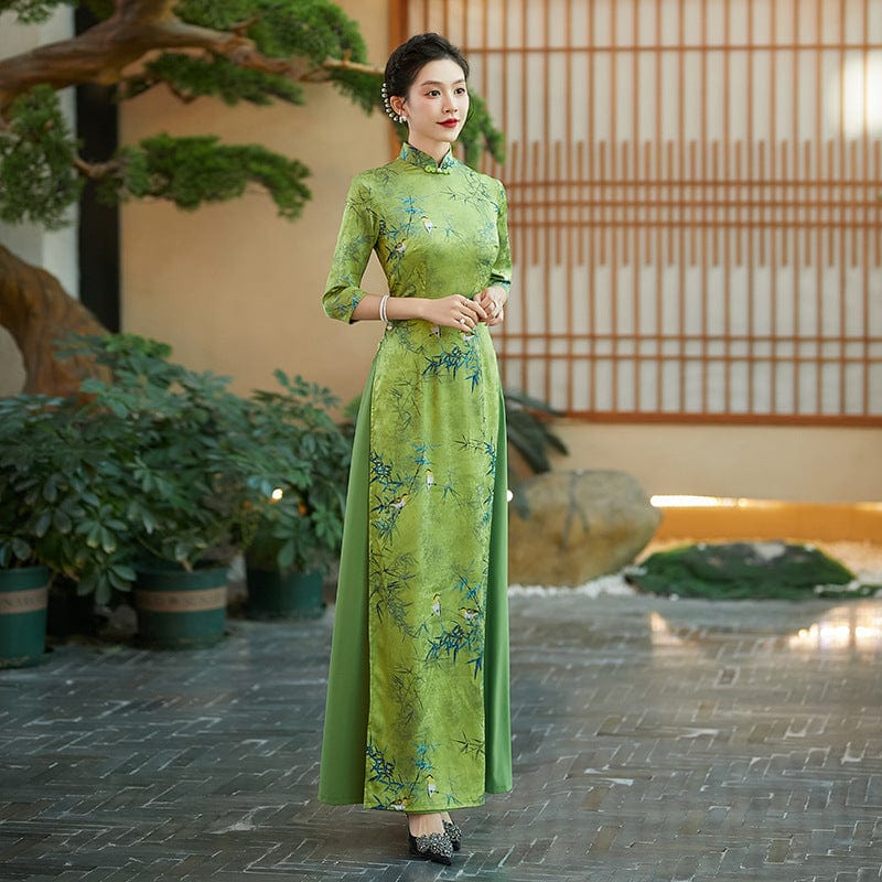 Beth and Brian Qipao-QCYJ Bamboo leaf pattern, silk satin long Ao dai