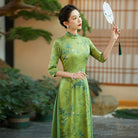 Beth and Brian Qipao-QCYJ Bamboo leaf pattern, silk satin long Ao dai