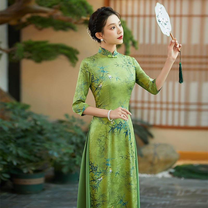 Beth and Brian Qipao-QCYJ Bamboo leaf pattern, silk satin long Ao dai