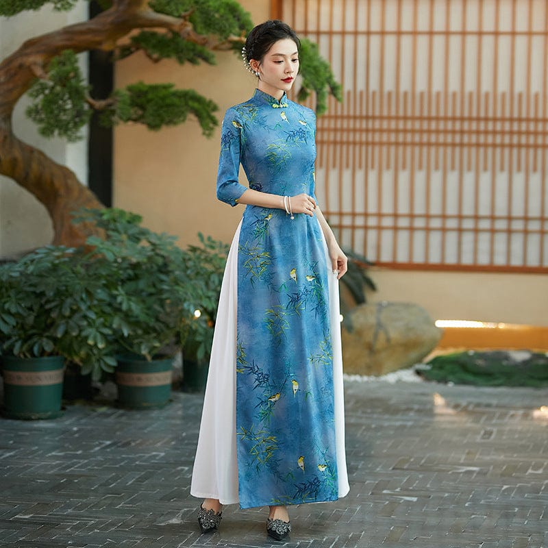 Beth and Brian Qipao-QCYJ Bamboo leaf pattern, silk satin long Ao dai