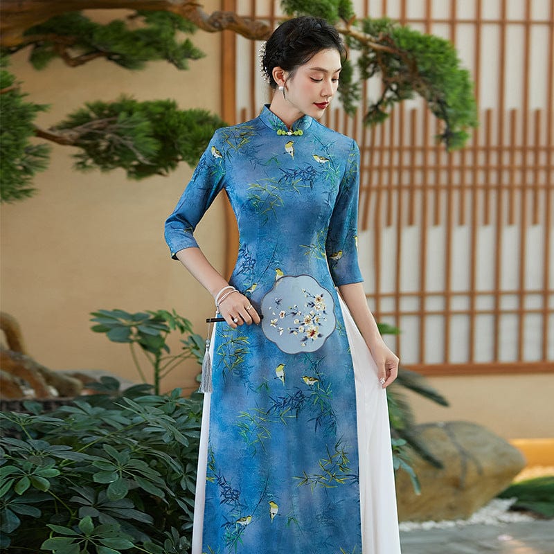 Beth and Brian Qipao-QCYJ Bamboo leaf pattern, silk satin long Ao dai