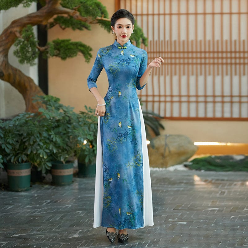 Beth and Brian Qipao-QCYJ Bamboo leaf pattern, silk satin long Ao dai