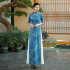 Beth and Brian Qipao-QCYJ Bamboo leaf pattern, silk satin long Ao dai