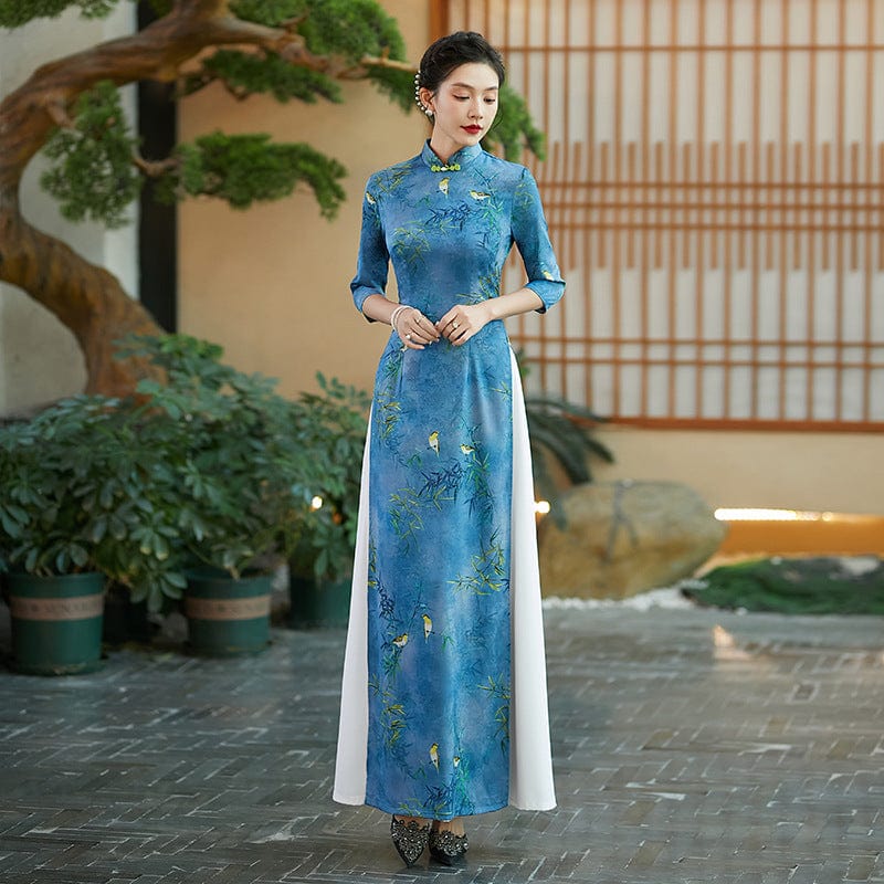 Beth and Brian Qipao-QCYJ Bamboo leaf pattern, silk satin long Ao dai