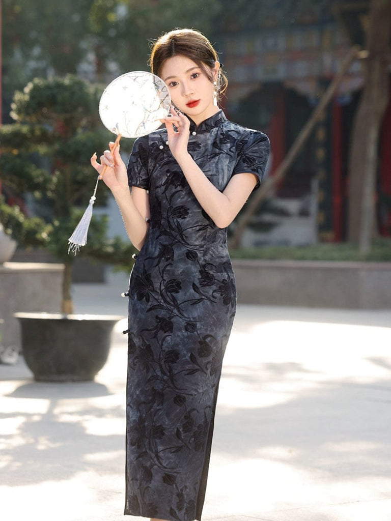 Beth and Brian Qipao-YG Floral pattern, black&green mid-length Cheongsam