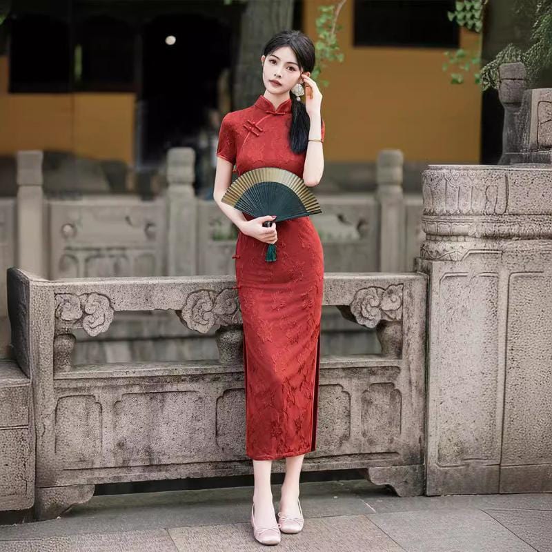 Beth and Brian Qipao-JLM Floral pattern, cotton red long Cheongsam
