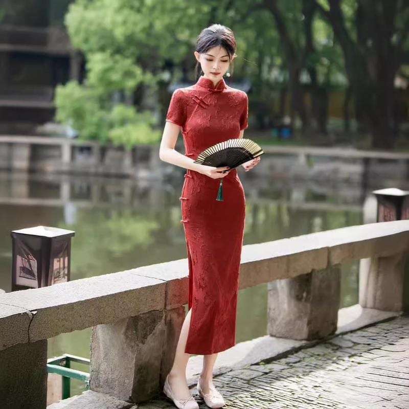 Beth and Brian Qipao-JLM Floral pattern, cotton red long Cheongsam