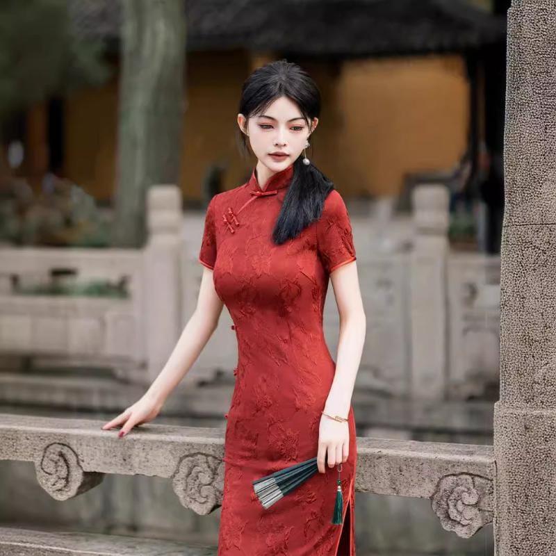 Beth and Brian Qipao-JLM Floral pattern, cotton red long Cheongsam