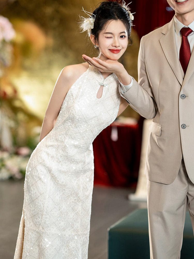 Beth and Brian Qipao-JMX New Chinese style (新中式), wedding lace midi Cheongsam
