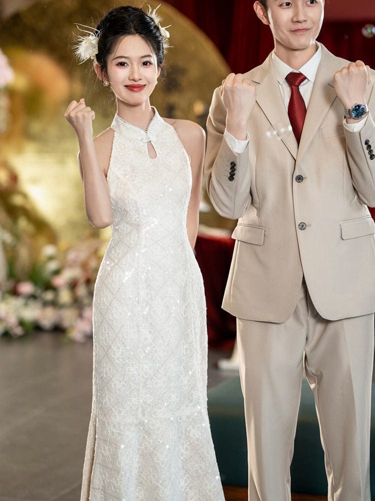 Beth and Brian Qipao-JMX New Chinese style (新中式), wedding lace midi Cheongsam