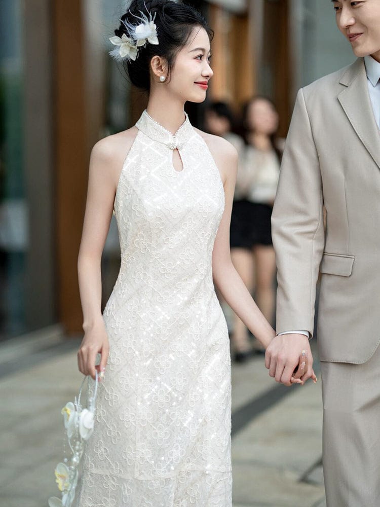 Beth and Brian Qipao-JMX New Chinese style (新中式), wedding lace midi Cheongsam