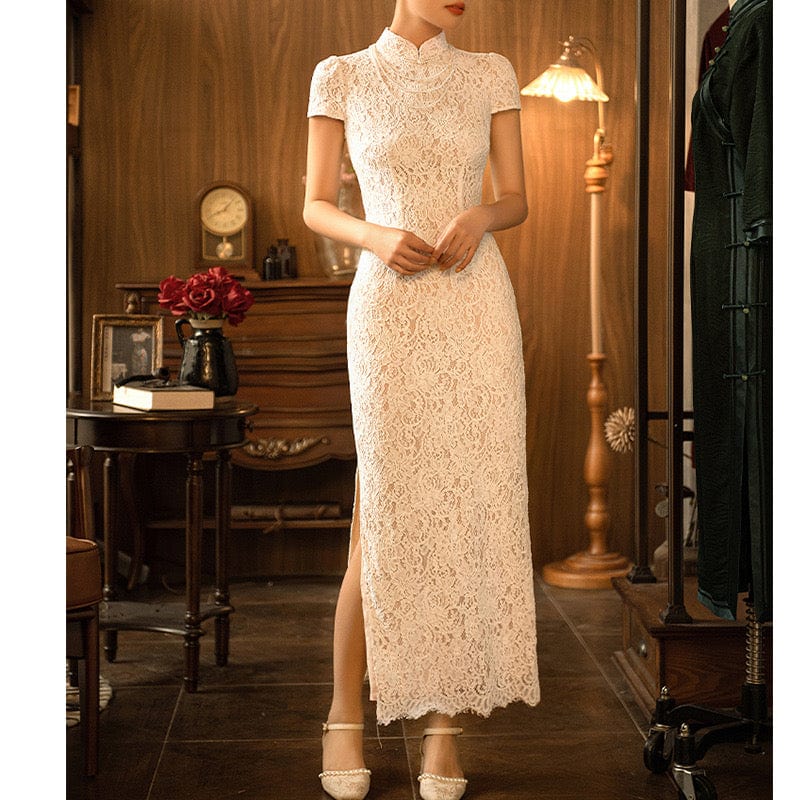 Beth and Brian Qipao - YB Lace fabric, floral pattern, wedding long Cheongsam