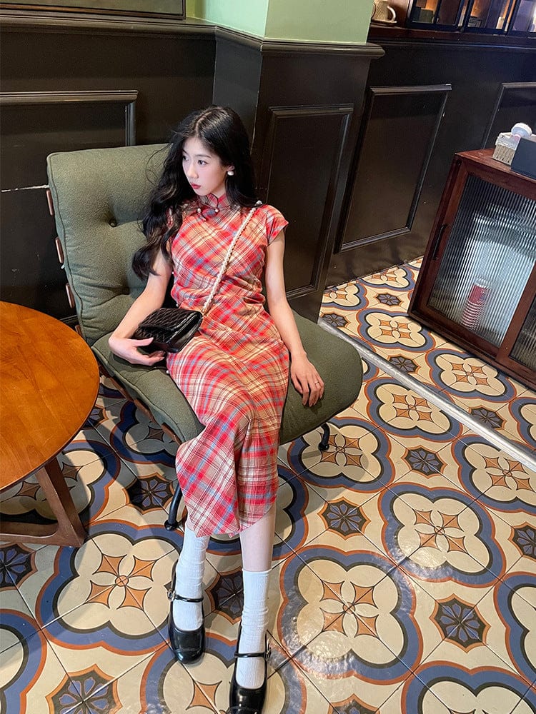 Beth and Brian Qipao-LSB Plaid pattern, cotton midi Cheongsam
