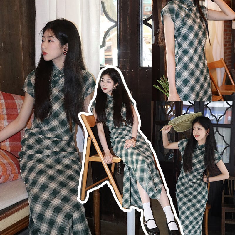 Beth and Brian Qipao-LSB Plaid pattern, cotton midi Cheongsam