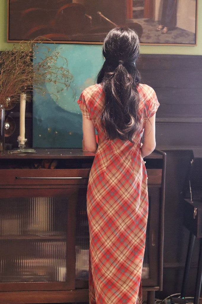 Beth and Brian Qipao-LSB Plaid pattern, cotton midi Cheongsam