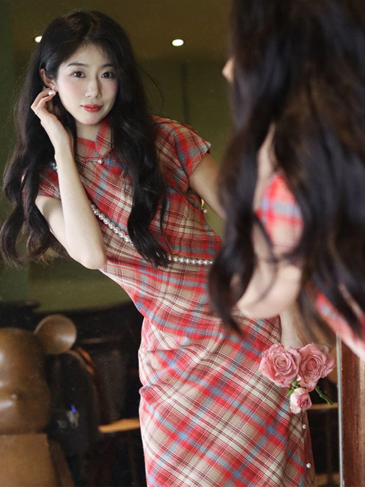 Beth and Brian Qipao-LSB Plaid pattern, cotton midi Cheongsam