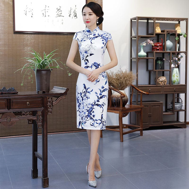 White and blue Qipao, midi Cheongsam, White Qipao, event Cheongsam 3XL / White and blue White and blue Qipao, midi Cheongsam, White Qipao, event Cheongsam 3XL / White and blue